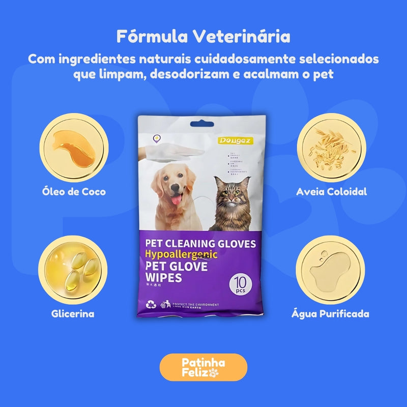 Luva Umedecida Banho Seco para Cães e Gatos - 10 LUVAS POR PACOTE