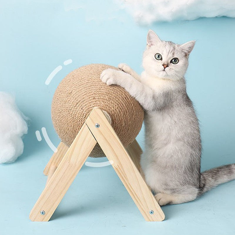 Arranhador com bola interativa em sisal e base de madeira - Patinha Feliz®