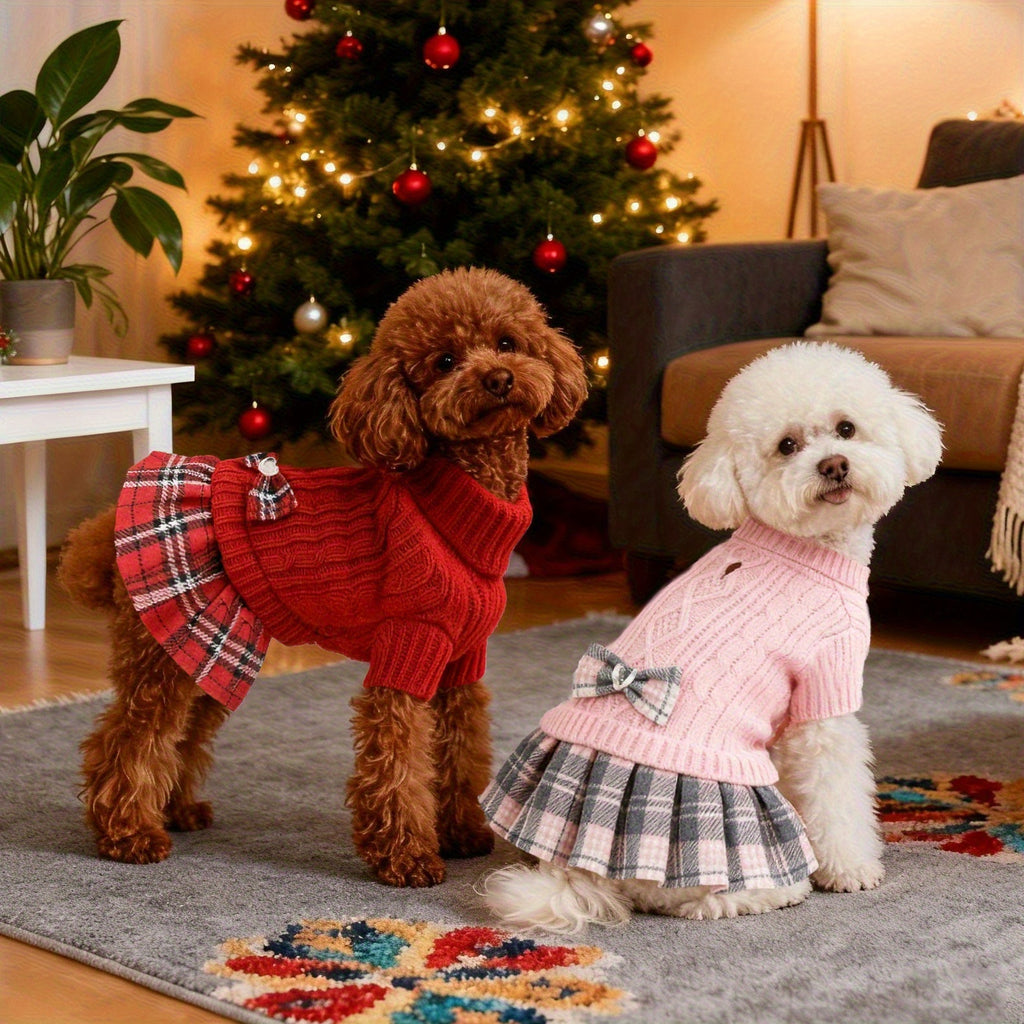 Vestido de Camisola Tricotada Vermelha para Ces Pequenos com Gola de Turqueiro e Lao Ideal para o Inverno com Orifcio para Trela Perfeito para Raas como Chihuahuas Yorkies Havanese e Bichons