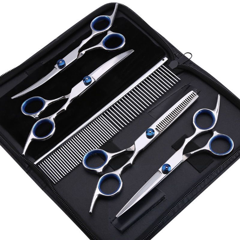 Kit 5 em 1 Tesoura Profissional para Gatos e Ces  Cabeleireiro e Barbeiro para Pets